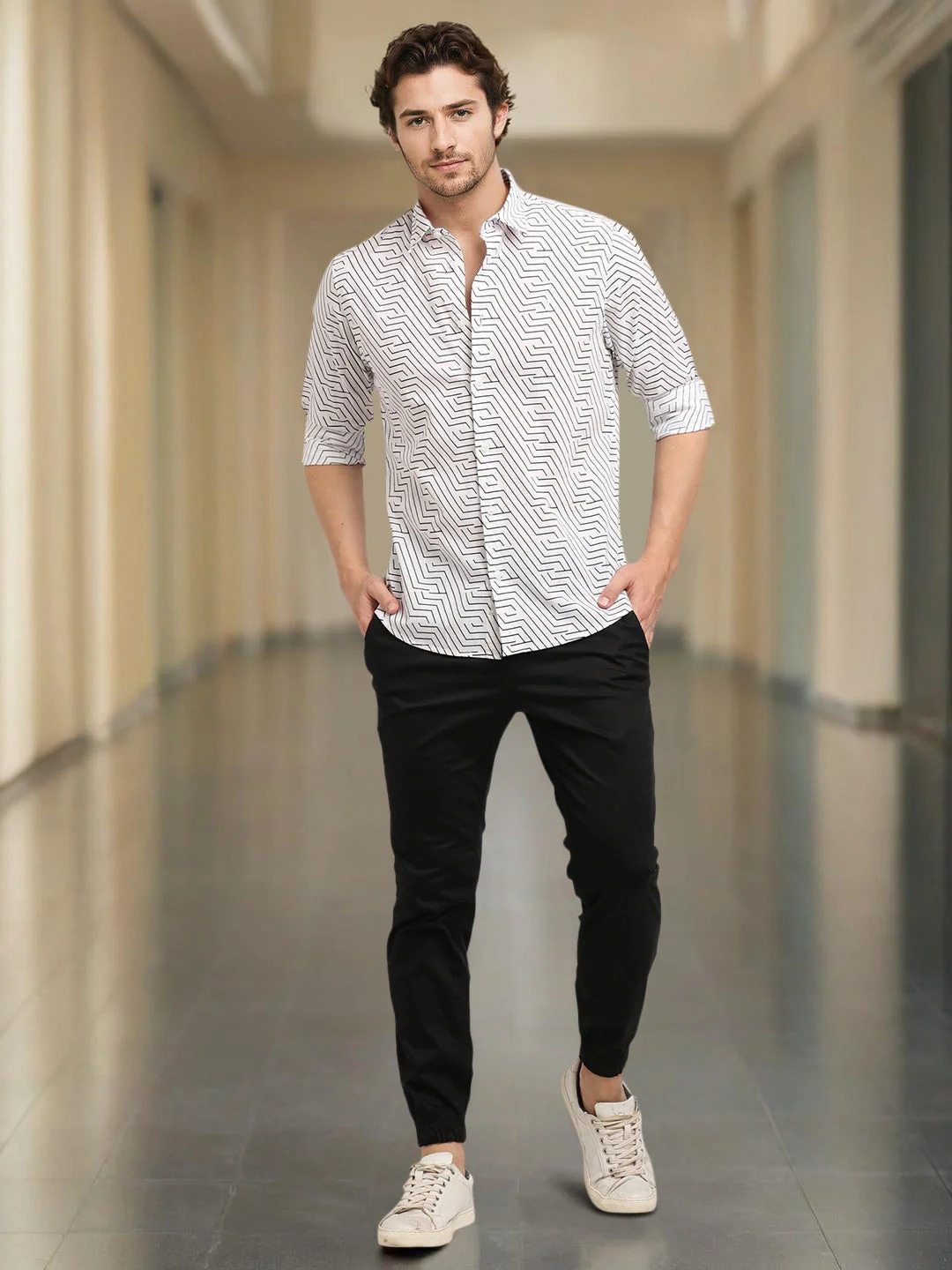 Indian Terrain Men's Slim Fit Full Sleeve All Over Print White Shirt